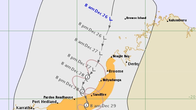 A map showing the system moving down past Broome and crossing the coast south of Sandfire Roadhouse.