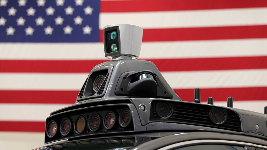 A camera and radar system on an Uber self driving car