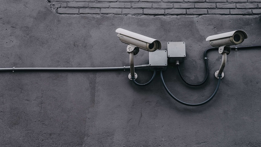 Two surveillance cameras on a grey wall.