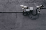 Two surveillance cameras on a grey wall.