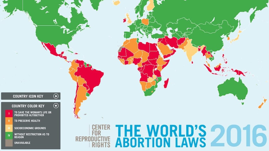 A map showing the world's abortion laws in 2016.