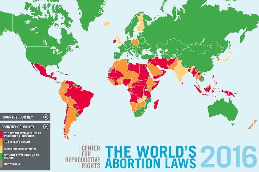 A map showing the world's abortion laws in 2016.