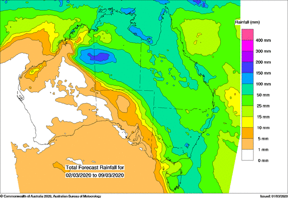 Map of Australia green in the east showing widespread falls of over 25mm forecast for NT, QLD, NSW VIC AND TAS
