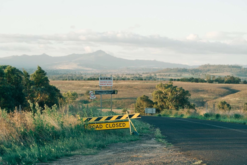 A road closed sign on a road with mountain in background.