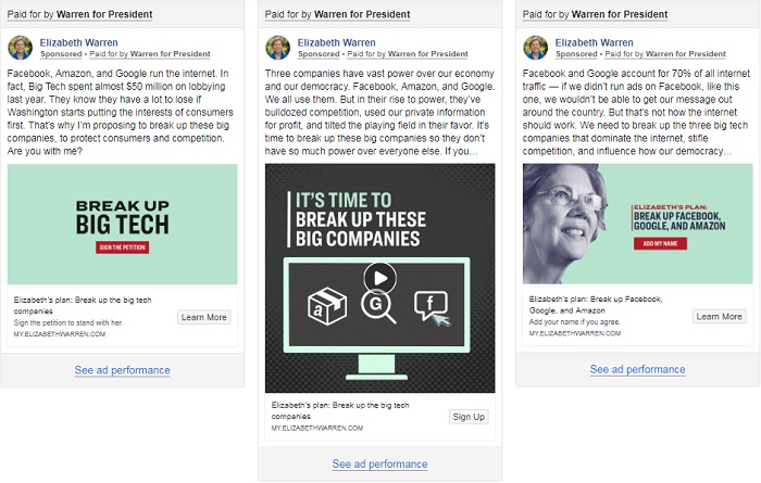 The advertisements, posted to Facebook, took aim at the social media giant, Amazon and Google.