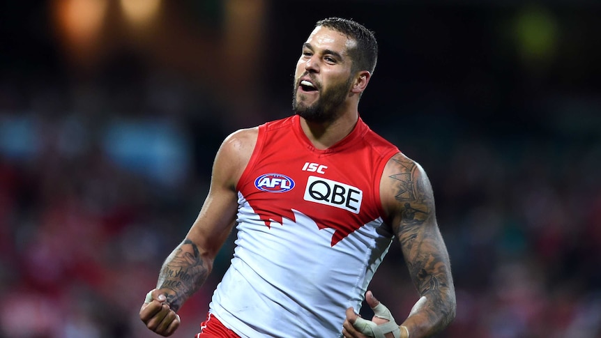 On song ... Lance Franklin celebrates kicking a goal for the Swans