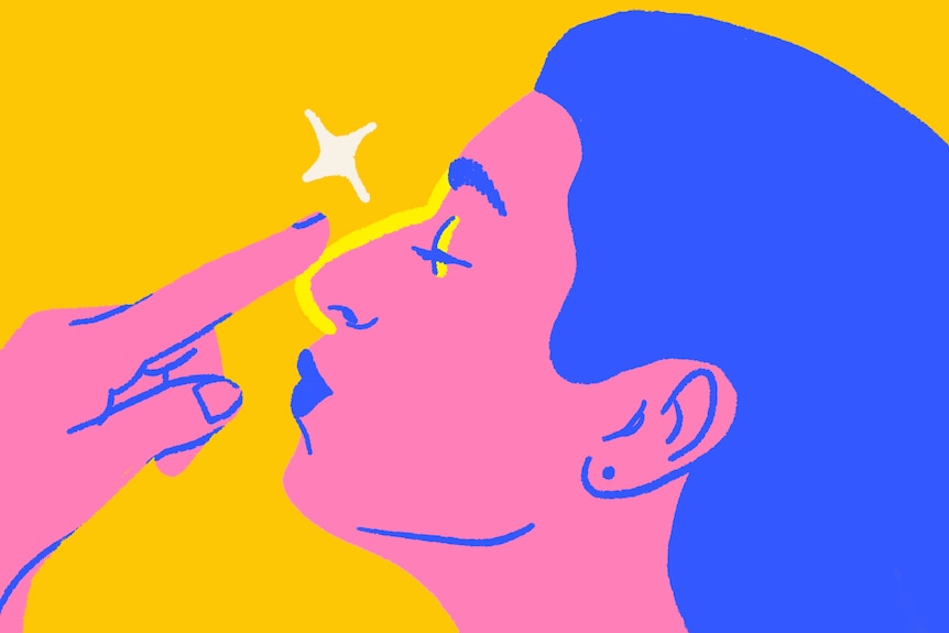 Illustration of a woman using her finger tip to touch the very tip of her prominent nose