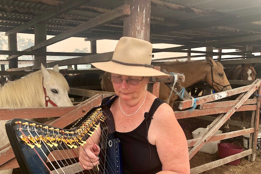 A lady plays a harp in front of a stable of horses.