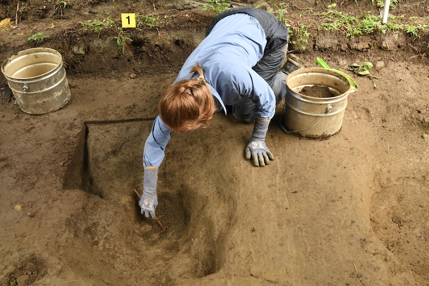 A woman wearing a blue shirt and gloves kneels in the dirt next to a bucket as she reaches into a hole with a small tool