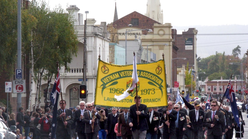 The Anzac Day parade makes its way through Launceston.