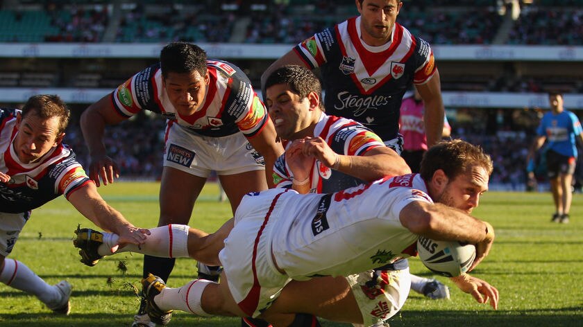 Winger Jason Nightingale goes over for the Dragons at the SCG