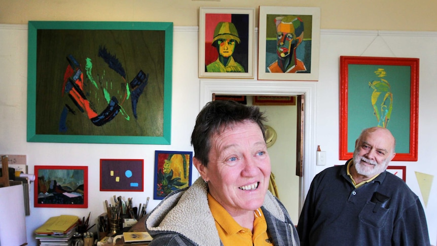 Friends Kate Czaban and Mike Ashurst in Lorry's artwork-filled studio.