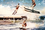 Three men on water skis, two in mid air 