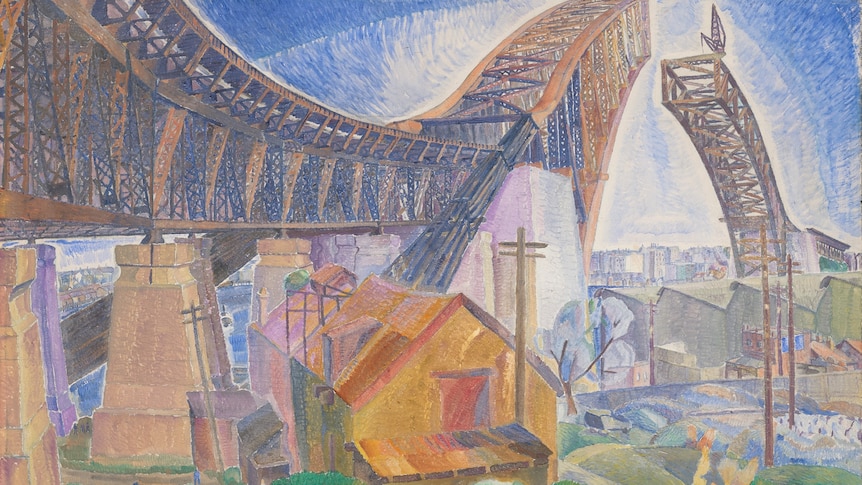 A painting depicting the Sydney Opera House half built, with a gap in the middle section.