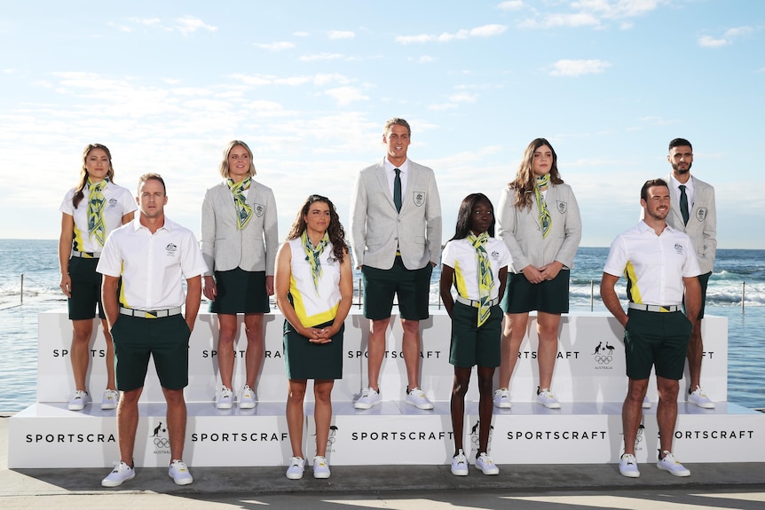 Australian athletes  pose on stage during the launch of the Australian 2020 Tokyo Olympic Games Opening Ceremony Uniform 