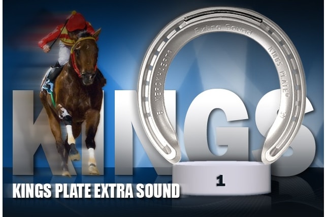 An advertisement for the Kings Plate Extra Sound horseshoe, featuring a racehorse being ridden by a jockey.