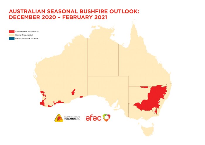 map of aus red over inland NSW and patches of WA indicating above normal fire potential Dec to Feb 2020