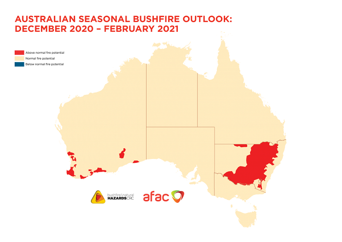 map of aus red over inland NSW and patches of WA indicating above normal fire potential Dec to Feb 2020