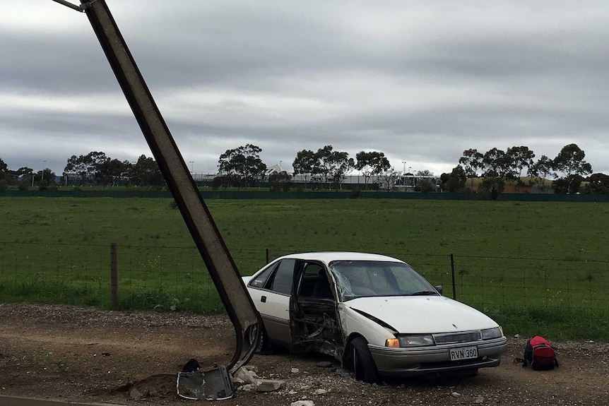 A stolen car hits a stobie pole at Grand Junction Road.