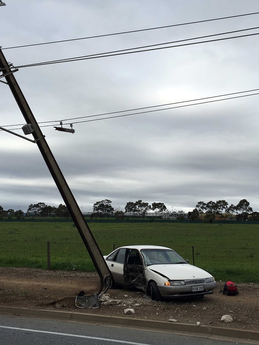 A stolen car hits a stobie pole at Grand Junction Road.
