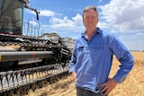 Farmer Craige Kennedy, wearing a blue collared shirt, stands with his hands on his hips in front of a header in a cereal crop