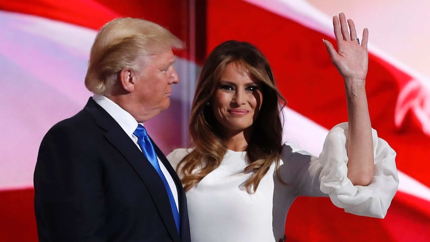 Melania Trump stands with her husband Donald Trump at Republican National Convention during the US election in 2016.