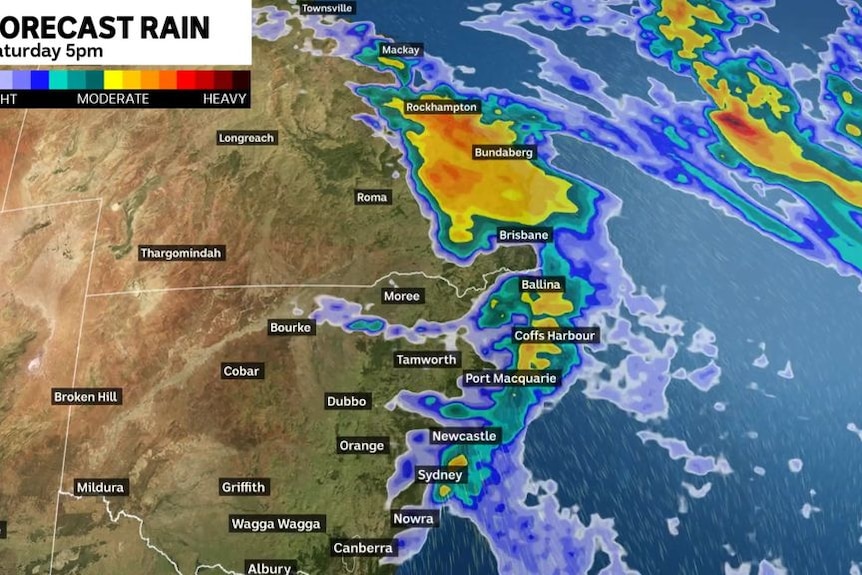 A weather map indicating rain along Australia's east coast.