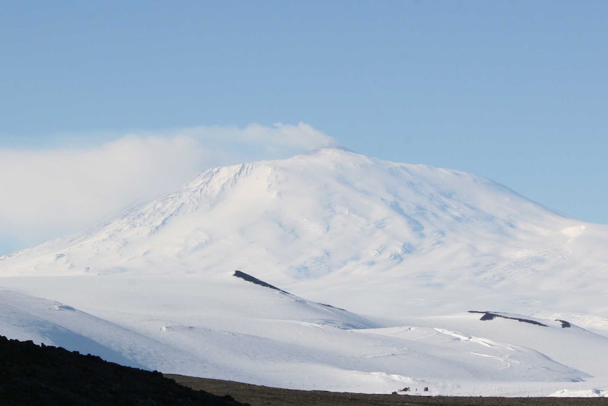 Smoke can be seen rising from Mount Erebus in Antarctica.