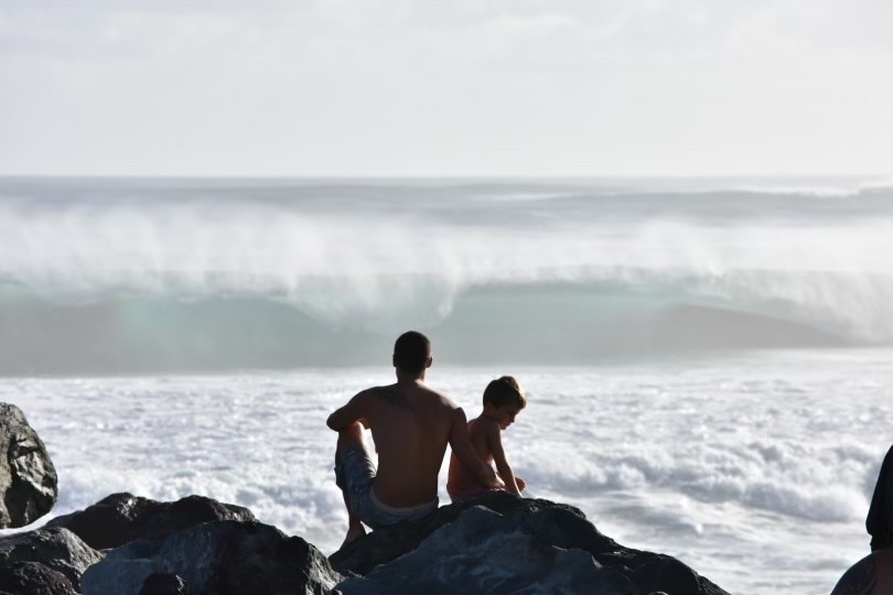 A man and a child sitting on rocks facing out to the ocean. Ausnew Home Care, NDIS registered provider, My Aged Care