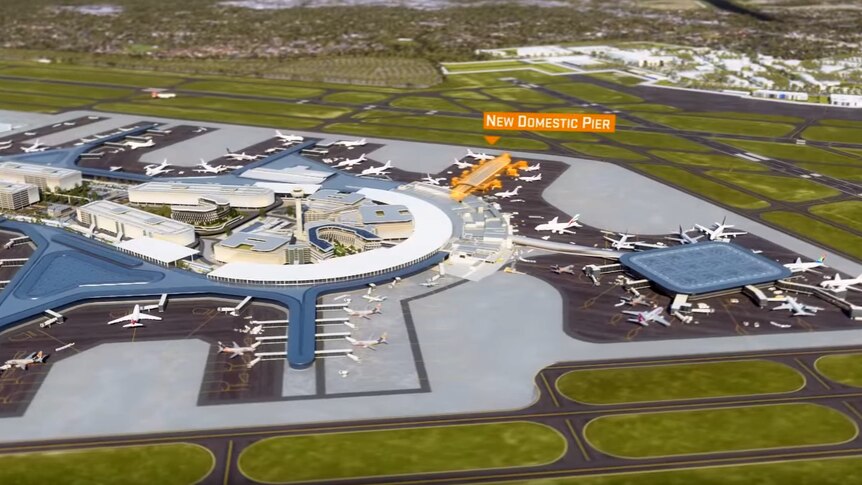 Artists' impression of the new Perth Airport including planes