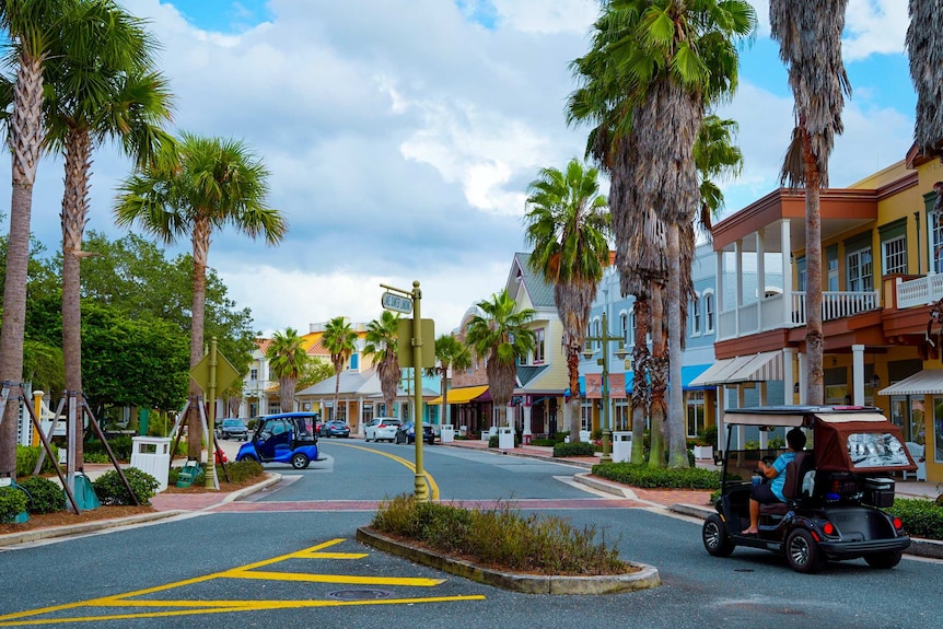 A palm tree-lined street in Florida