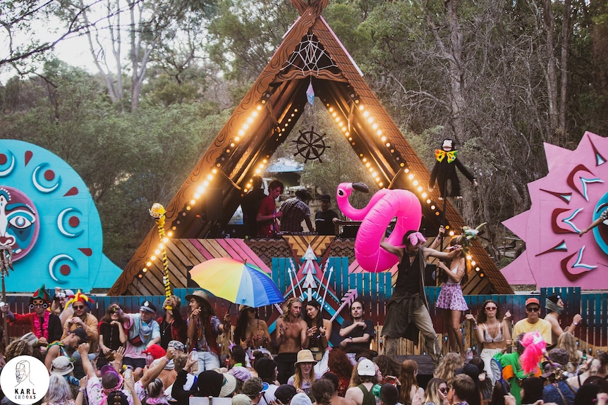 A crowd of people at a music festival.