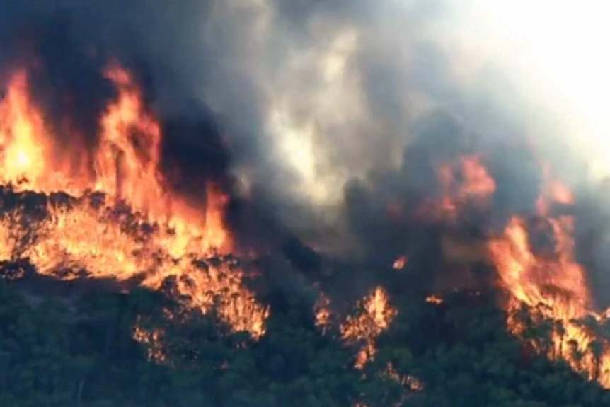 An aerial shot of a bushfire burning close to a house.