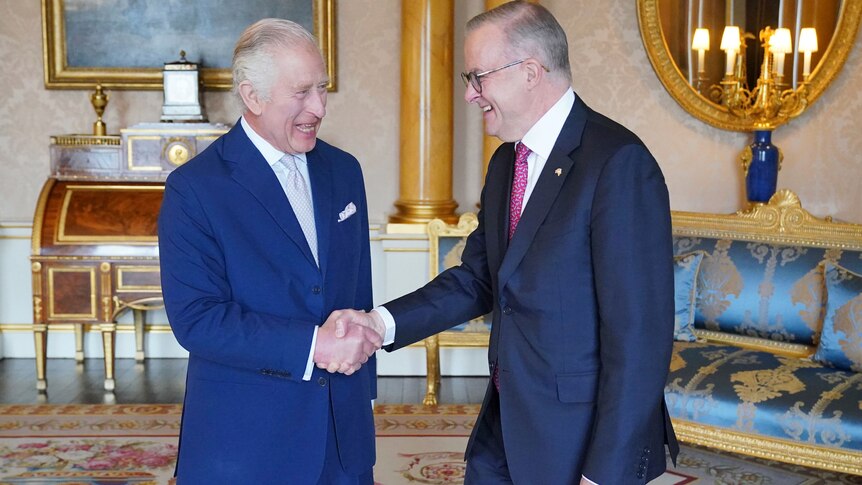 King Chalres and Albanese smile at each other as they shake hands in a lavish room of Buckingham Palace