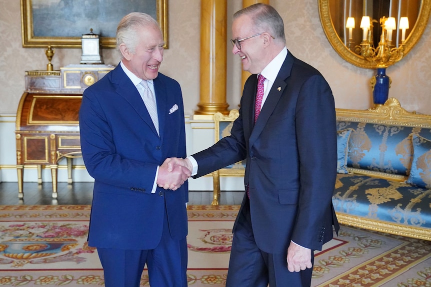 King Chalres and Albanese smile at each other as they shake hands in a lavish room of Buckingham Palace