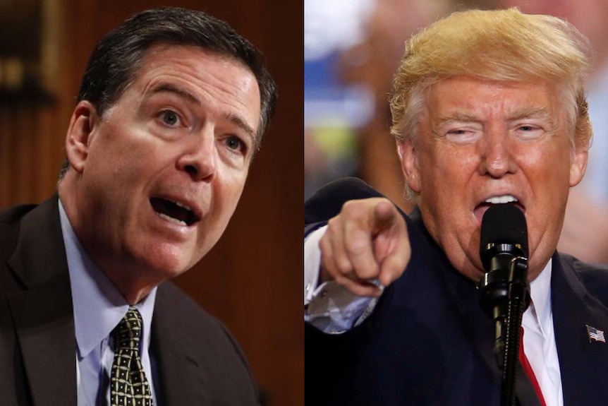 A composite image of James Comey looking concerned while Donald Trump points a finger.