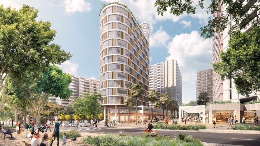 An artist's impression of a large development with several apartment blocks.
