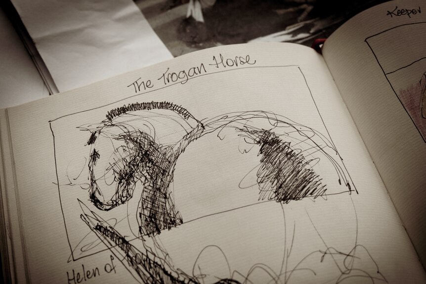 Drawing of a horse in an artist's journal