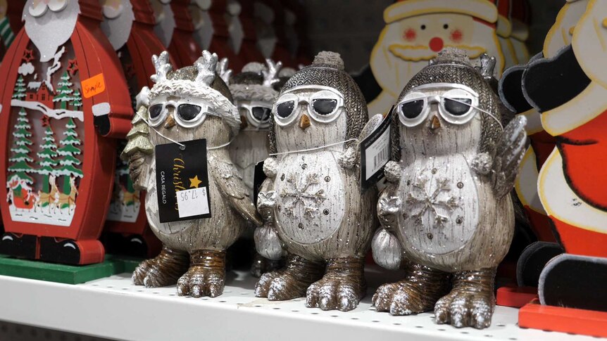 Owls with sunglasses standing on a shelf.