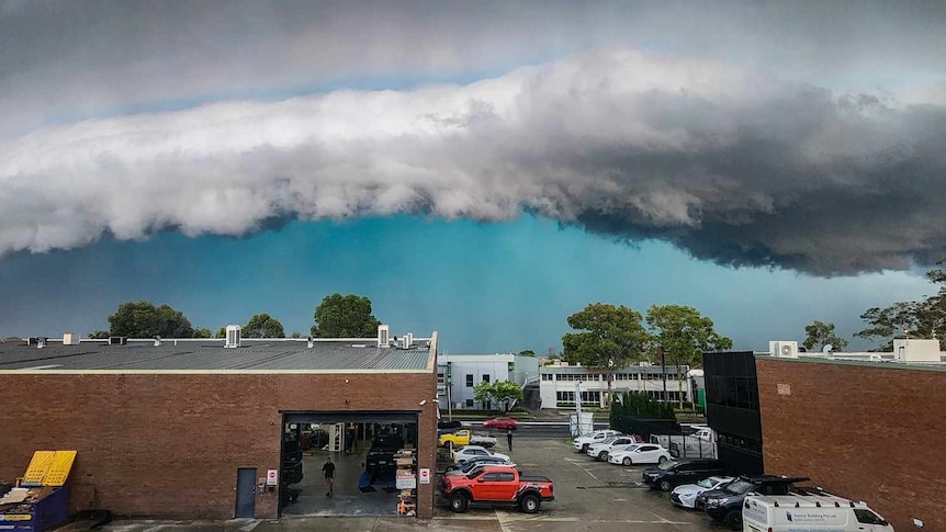 An angry-looking storm cloud looms over a suburb.