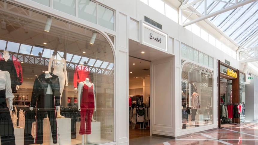 The store front of women's fashion retailer Bardot in Penrith Westfield, with clothes on mannequins in the shop windows.