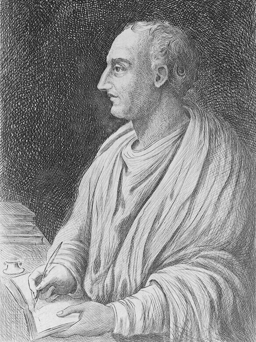 Black and white sketch of Livy holding a quill and parchment, wearing flowing robes, and staring into distance.