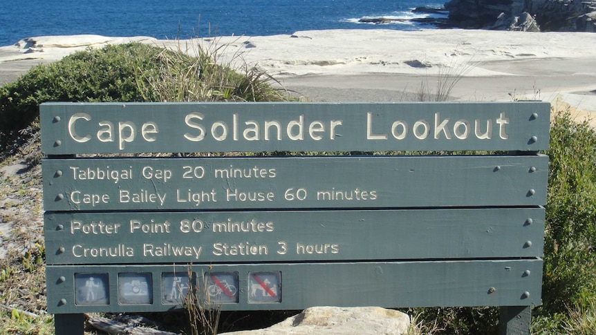 A close up shot of a sign for Cape Solander Lookout