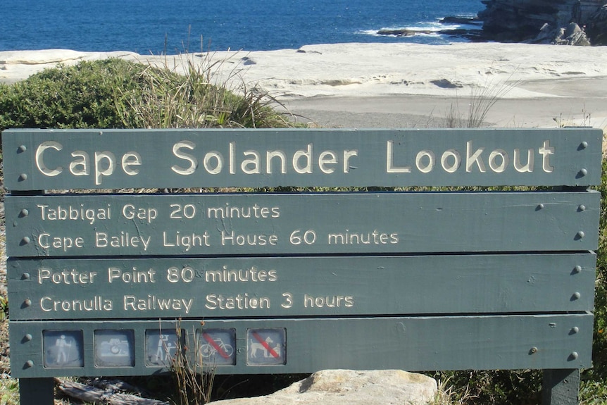 A close up shot of a sign for Cape Solander Lookout