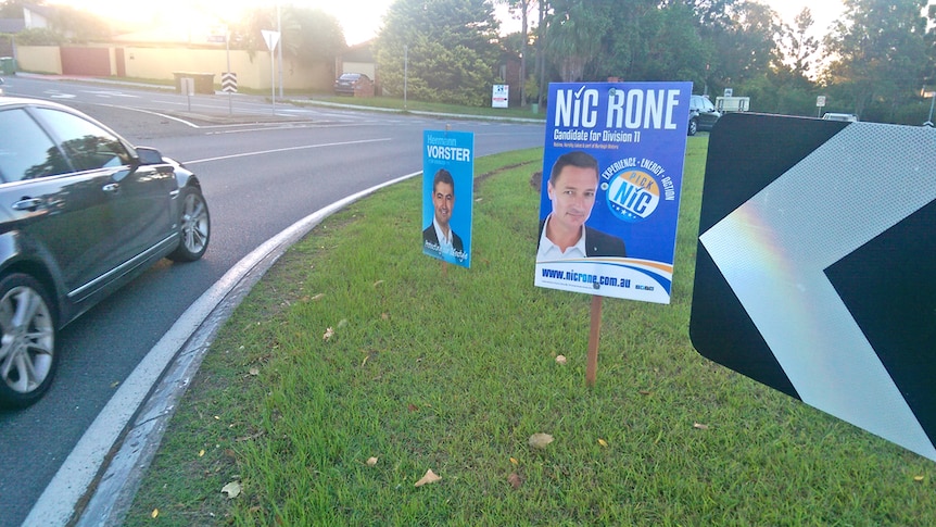 Local government candidate signs on a roundabout