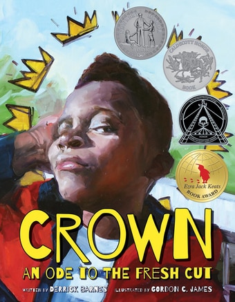 Book cover Crown: An Ode To The Fresh Cut by Derrick Barnes featuring a young proud black boy