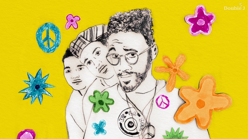 Pencil sketch of the three members of De La Soul. The background is yellow and covered with cutouts of flowers and peace signs.