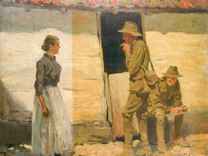A comparison shot of a painting, depicting soldiers and nurses, that has been cleaned using enzymatic saliva cleaning methods.