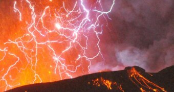 Volcanic lightning sizzles over an eruption in Japan.