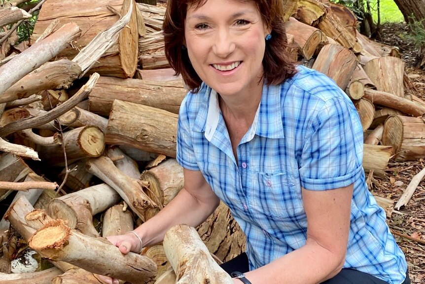 A woman in front of a pile of wood.